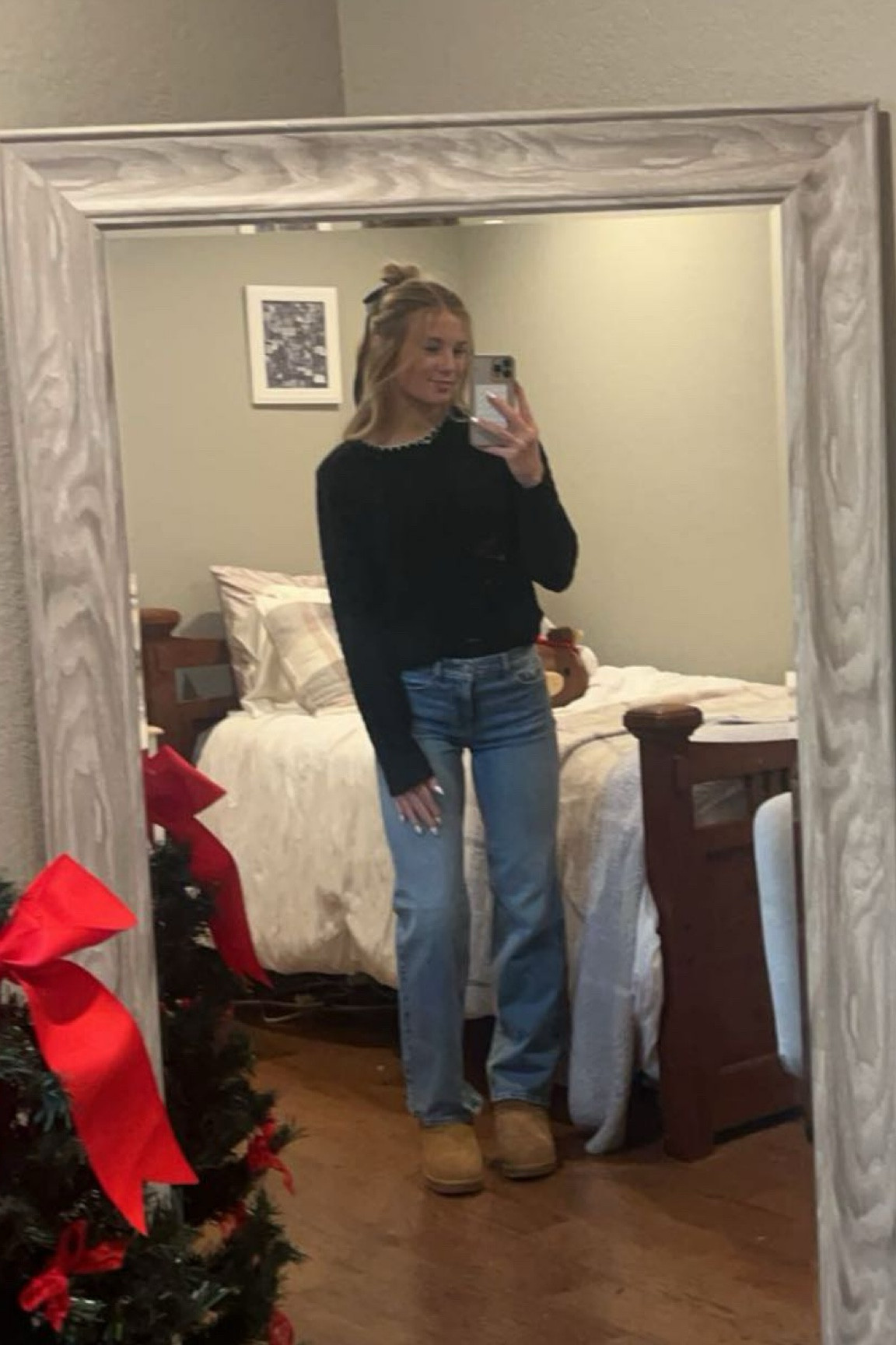 i got the shoelace ribbon in both black and white to tie in my hair! small in the sweater and size 24 in the jeans!

#LTKStyleTip #LTKSeasonal #LTKHoliday