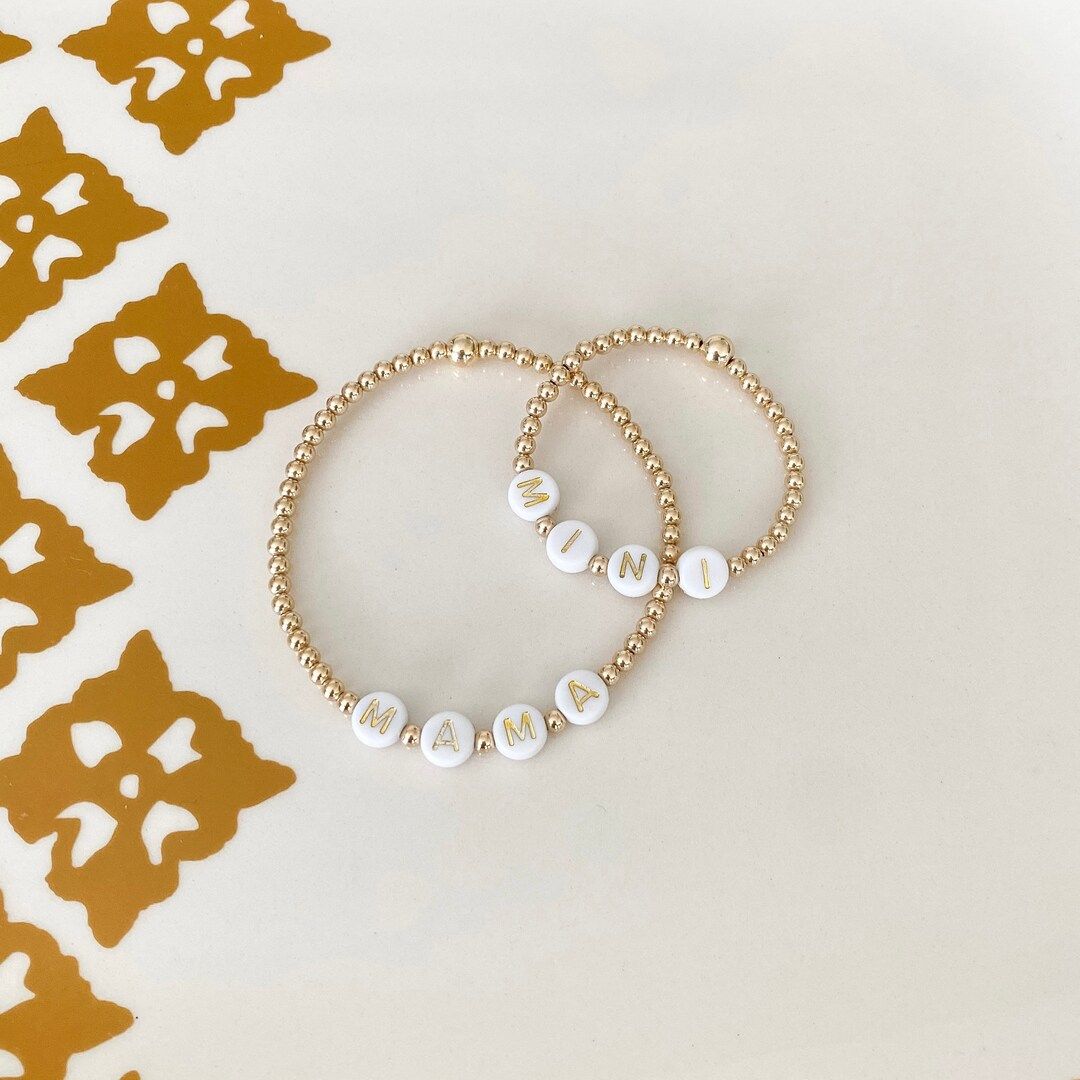 Mama and Mini 14k gold filled bracelet set | 3mm gold beaded bracelet | stretch bracelet | Etsy (US)