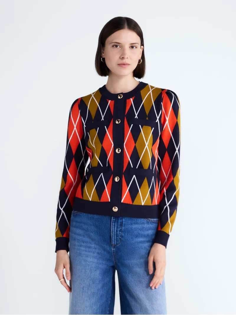 Free Assembly Women's Argyle Cardigan Sweater with Puff Sleeves, Midweight, Sizes XS-XXL | Walmart (US)