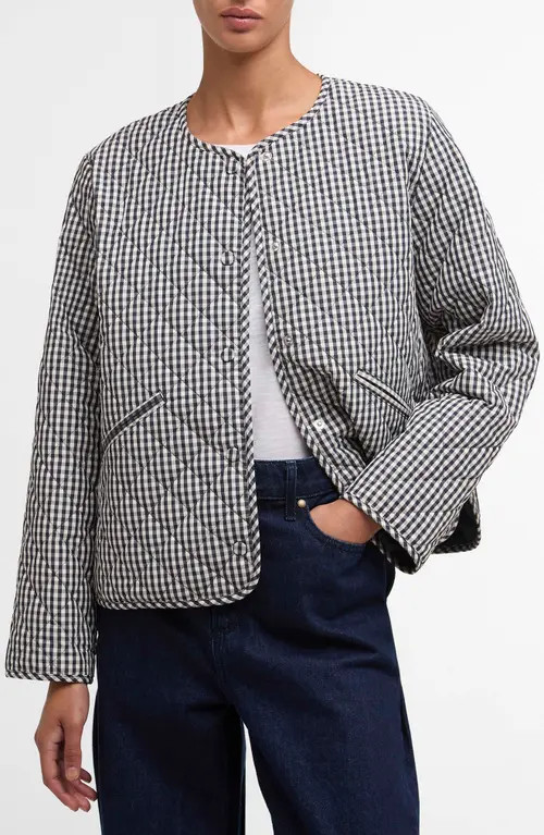 Barbour Cashel Collarless Quilted Jacket in Navy Gingham/Dark Navy at Nordstrom, Size 4 Us | Nordstrom