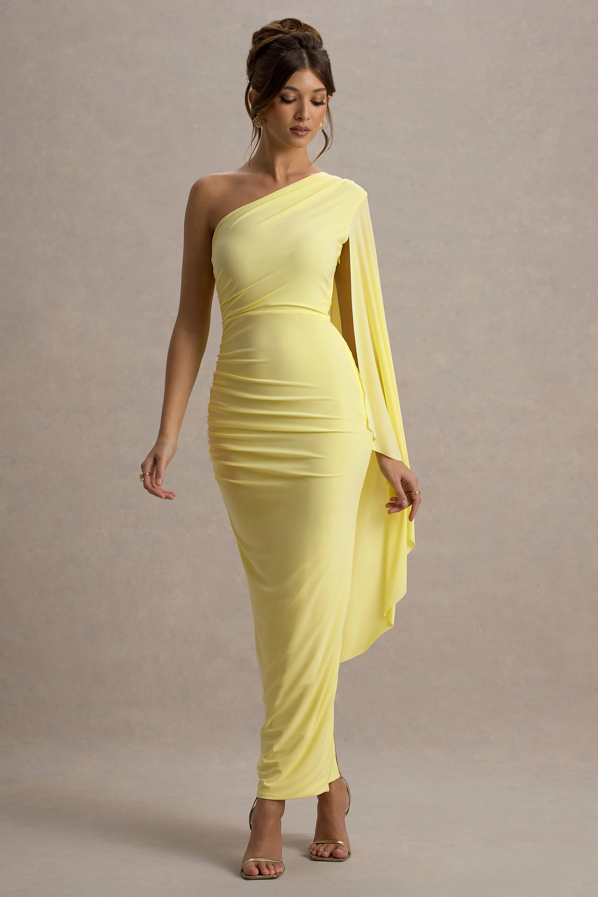 Clementina | Lemon Asymmetric Cape Sleeve Maxi Dress | Club L London