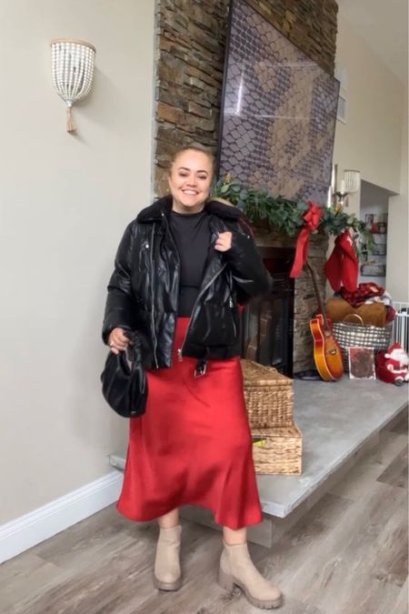 Faux Leather Fur Collar Belted Hem Puffer Moto Jacket on sale, silk red skirt, nude boots, black bag. Holiday outfit, party outfit, winter outfit 


#LTKHoliday #LTKstyletip #LTKcurves