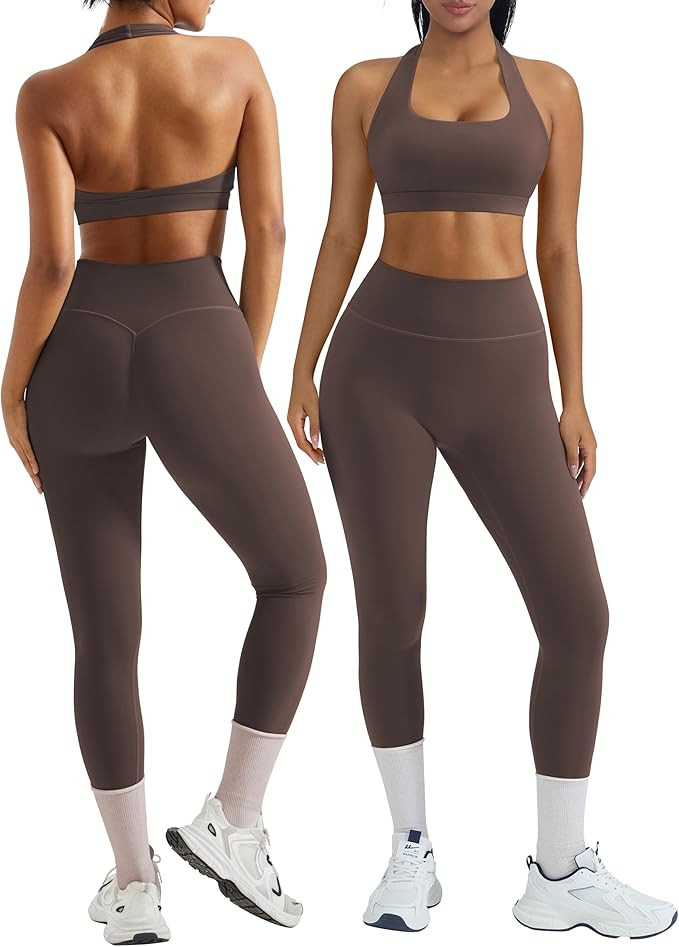 OMKAGI 2 Piece Workout Sets for Women Halter Sports Bras Gym Sets Booty Leggings Outfits | Amazon (US)