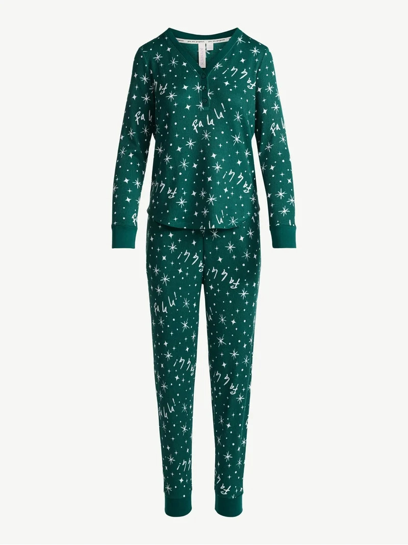 Joyspun Women's Waffle Knit Henley Sleep Top, Joggers and Socks Pajama Set, 3-Piece, Sizes XS-3X | Walmart (US)