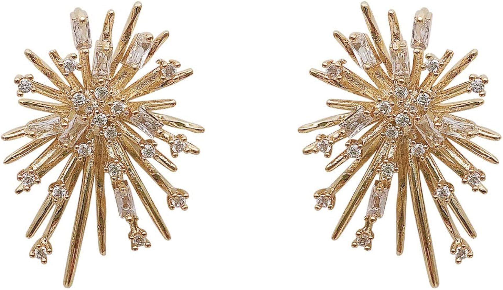 Gold Metal Firework Stud Earrings Women Big Earrings Studs Statement Chandelier Earrings | Amazon (US)
