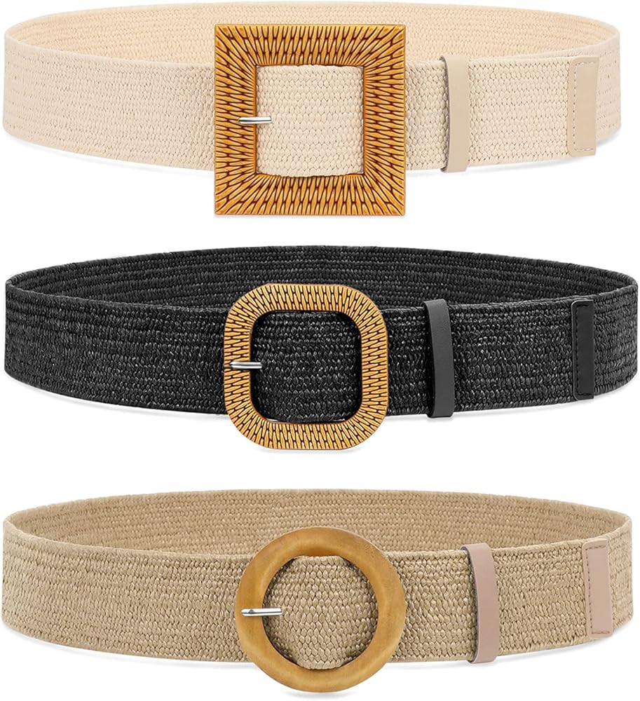 WHIPPY Set of 3/4 Straw Woven Elastic Stretch Waist Belts for Women, Fashion Boho Ladies Braided ... | Amazon (US)
