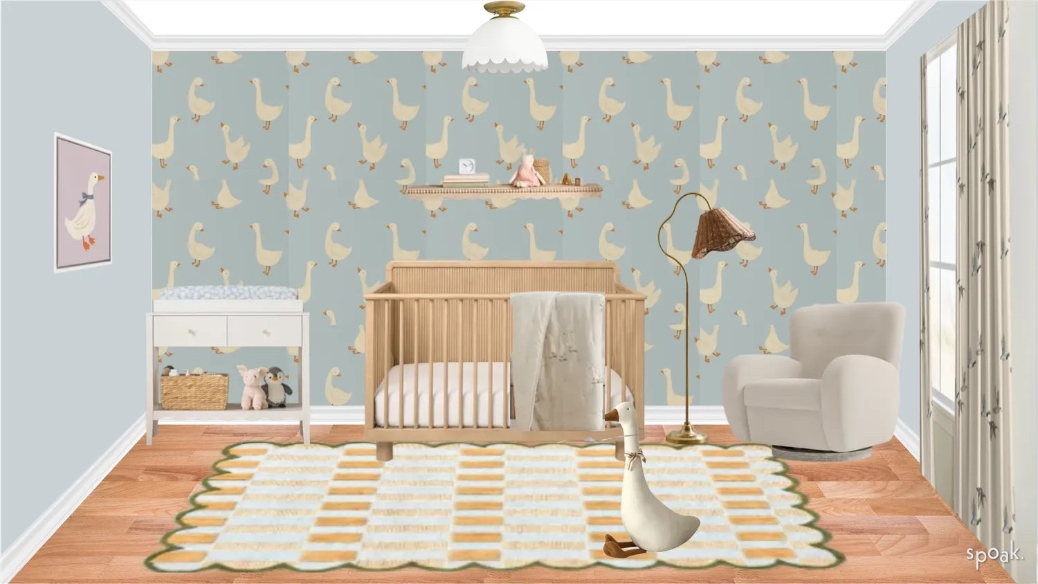 Adorable duck-themed nursery design/moodboard. Duck curtains from Etsy, gorgeous crib from West Elm, changing table, wool rug from Anthropologie. Altuzarra glider, scalloped semi flush mount, duck wall art from Minted, scallop shelf and a floor lamp from Magnolia! #nurserydecor #homedecor #kidsroom

#LTKBaby #LTKBump #LTKHome