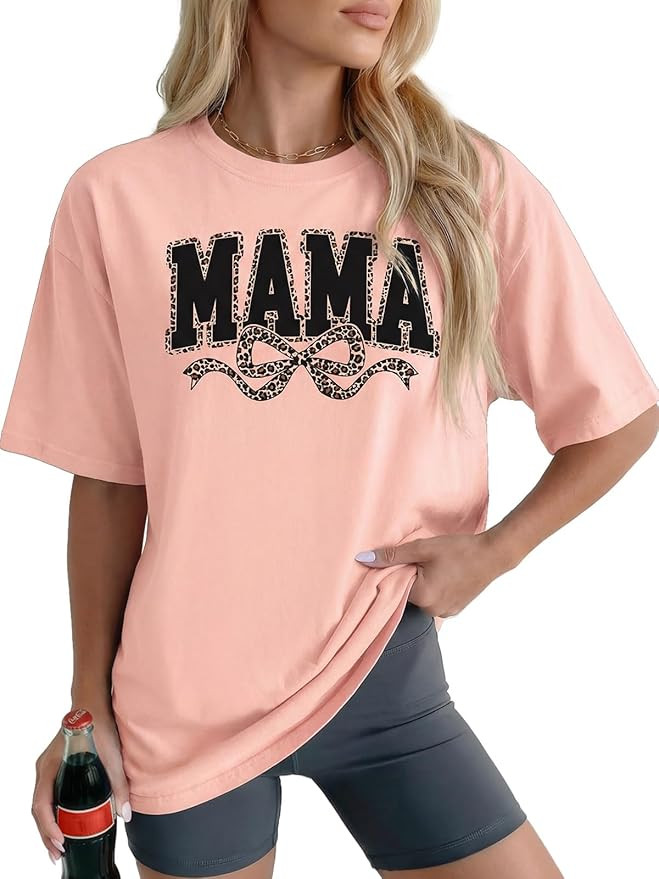 Mama Shirts for Women 2026 Oversized Mama Letter Print Cute Bow Mom Life Tshirts Mom Short Sleeve... | Amazon (US)