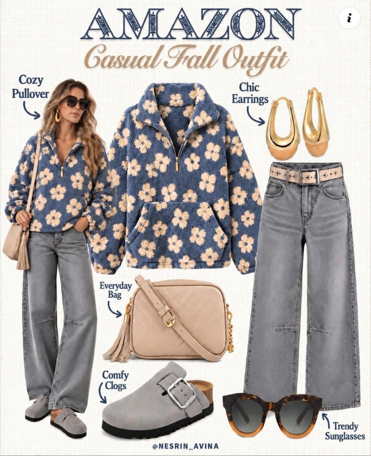 Fall outfit.  Cozy fleece sweater 
Grey jeans
Denim 
Outfit idea