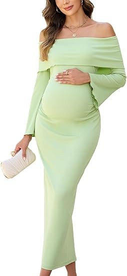 Off The Shoulder Maternity Dress Bell Sleeves Ruched Bodycon Maxi Elegant Pregnancy Dresses Baby ... | Amazon (US)