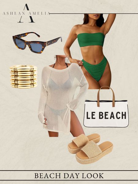 green bikini, swimsuit coverup, beach bag, pool bag, tote bag, summer sandals, summer shoes, sunglasses, gold bracelets, summer outfit 

#LTKSeasonal #LTKSwim #LTKFindsUnder100