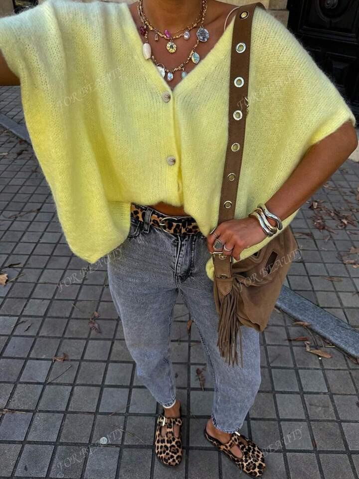 FOR BEAUTY Spring And Summer New Solid Color V-Neck Button Short Sleeved Ultra Loose Knitted Cardigan For Women's Leisure Vacation Outfits Women With A Large Shoulder Design Sweater Butter Yellow Top | SHEIN