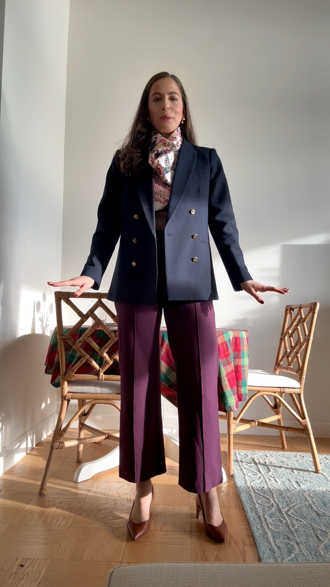 What to wear to work this week! Office style, office outfit, business casual, burgundy pants, cashmere sweater, brown cashmere sweater, navy double breasted blazer, navy blazer, silk scarf, Hermes silk scarf, brown block heels, tuckernuck, corporate style, corporate outfit, fall workwear, winter workwear

#LTKTall #LTKSeasonal #LTKWorkwear