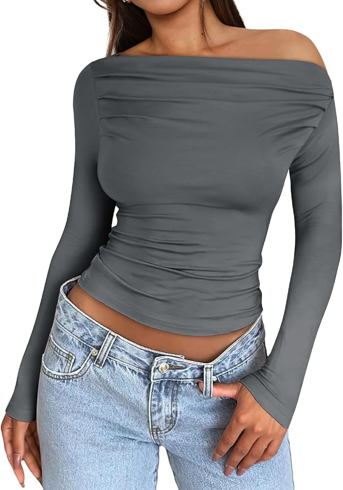 OFEEFAN Women's Off The Shoulder Tops Ruched Y2K Long Sleeve Shirts | Amazon (US)
