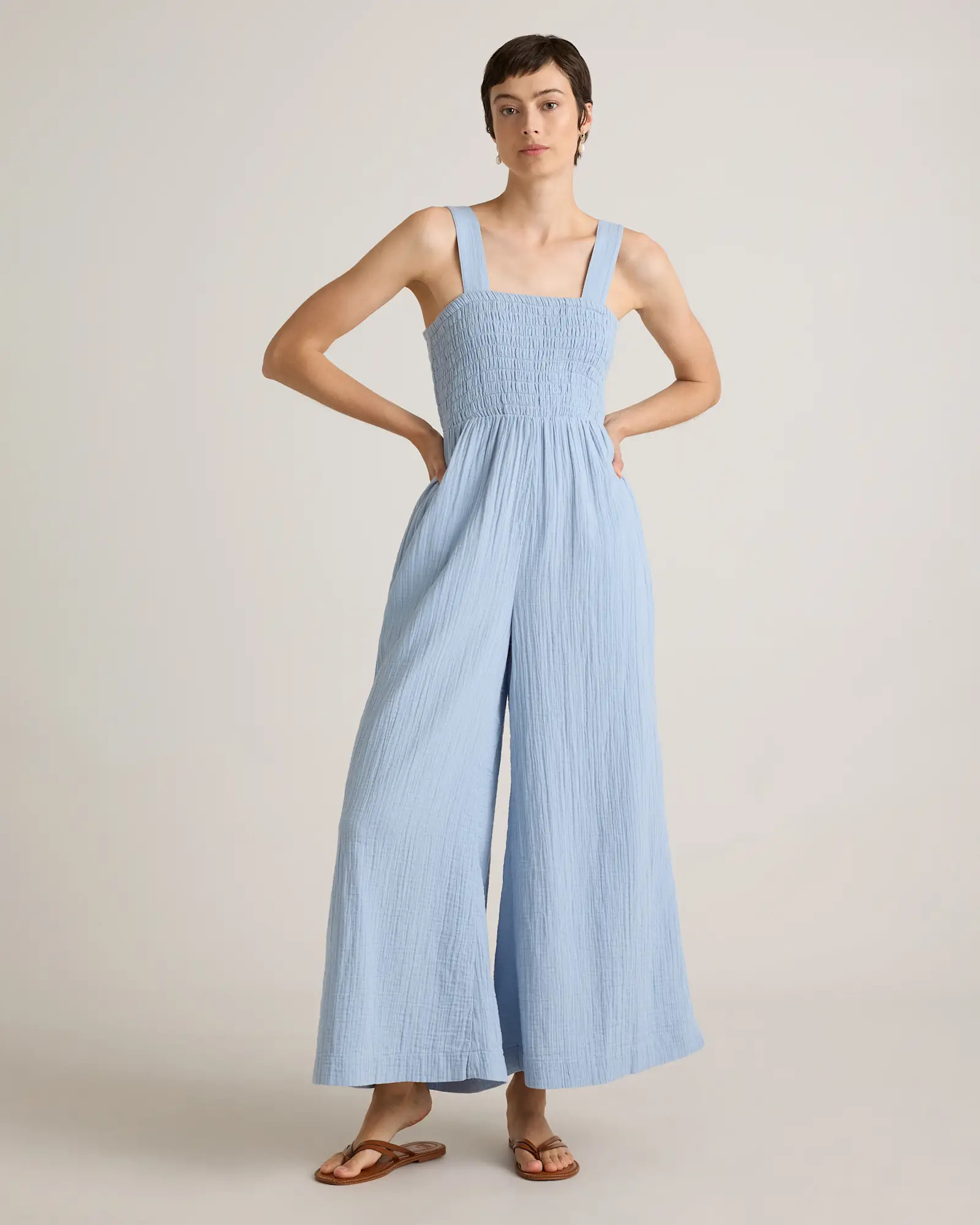 100% Organic Cotton Gauze Smocked Wide Leg Jumpsuit in Ocean Breeze | Quince