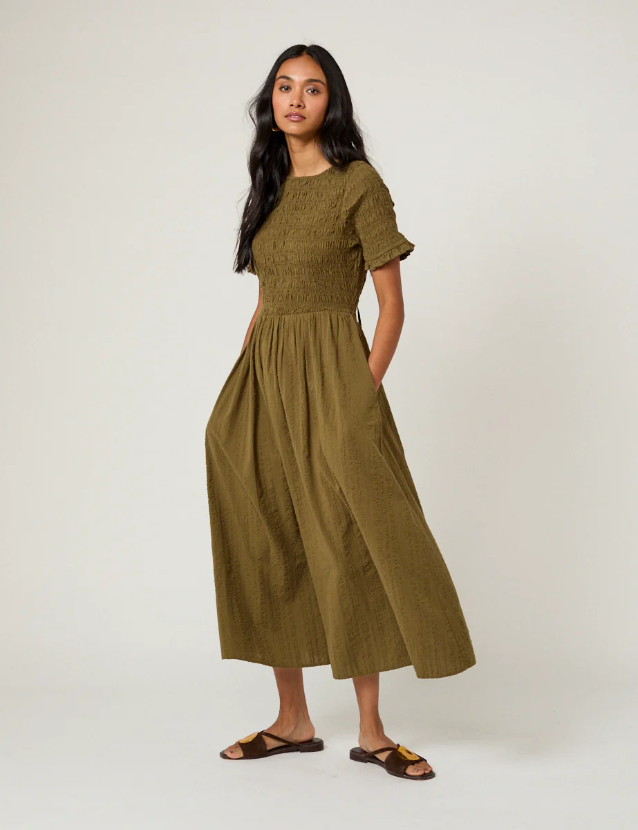 Khaki Shirred Leah Midi Dress | Nobody's Child