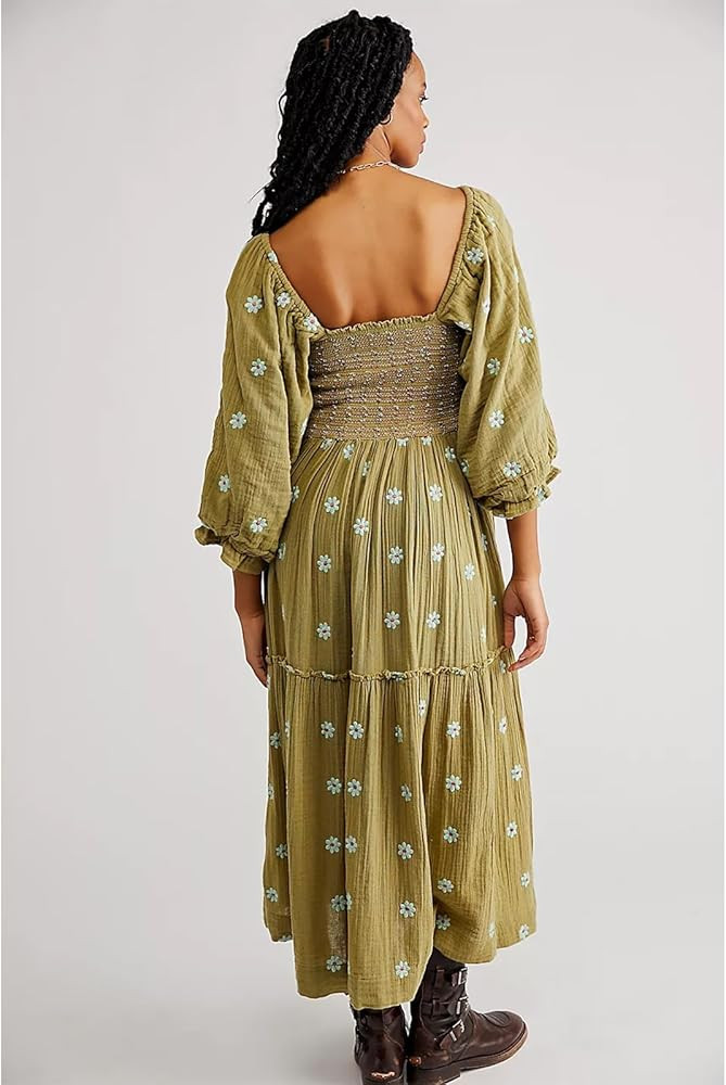 ABYOVRT Women Floral Embroidered Maxi Dress Long Puff Sleeve Square Neck Bohemian Flowy Dress wit... | Amazon (US)