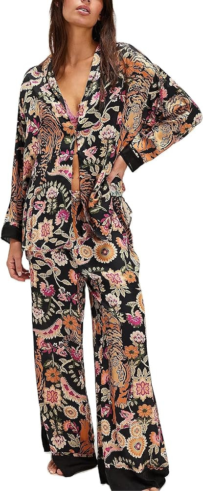 Womens Y2k Silk Pajama Sets Floral Print Long Sleeve Button Down Shirts Wide Leg Pants 2 Piece Lo... | Amazon (US)