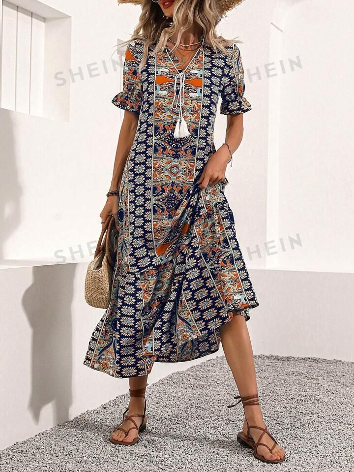 SHEIN LUNE Women's Short Sleeve Floral Printed Dress | SHEIN