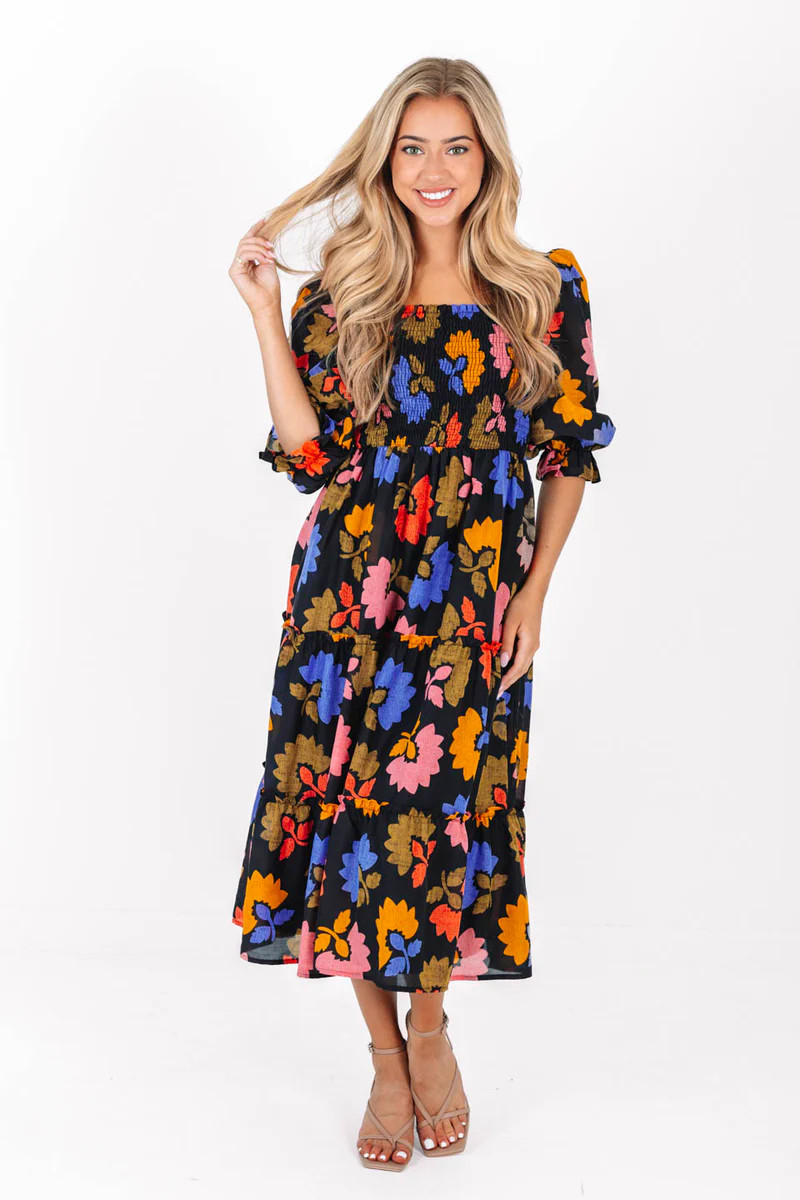 The Avery Square Ruched Midi Dress - Black | The Impeccable Pig