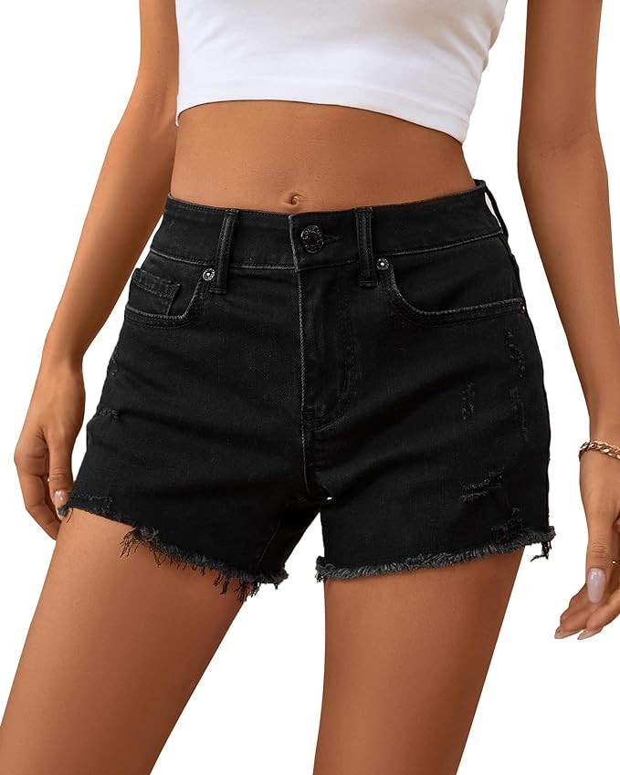 OFLUCK Jean Shorts for Womens Mid Rise Ripped Denim Summer Shorts | Amazon (US)