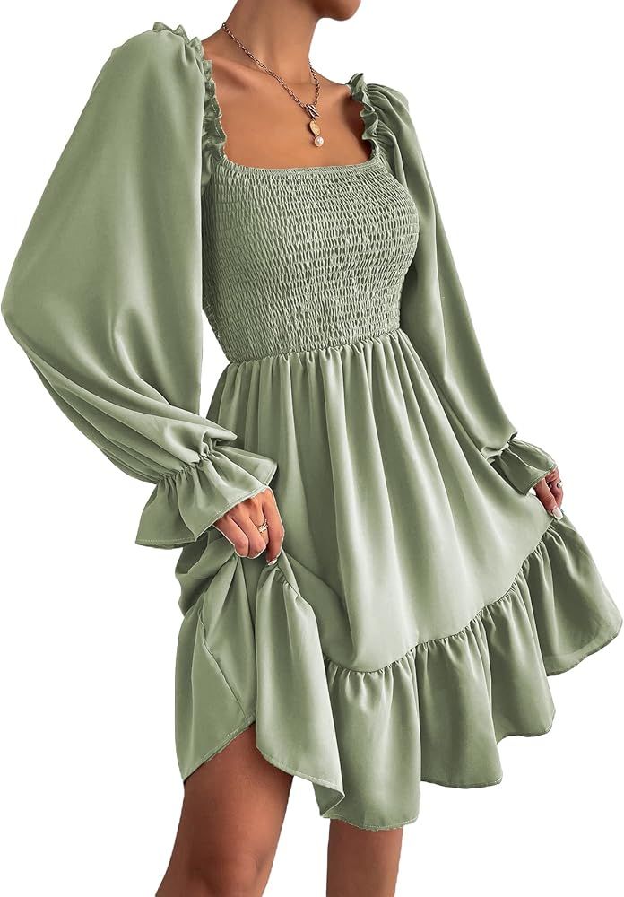 SheIn Women's Shirred Ruffle Long Flounce Sleeve Mini A Line Dress Square Neck High Waist Short Dres | Amazon (US)