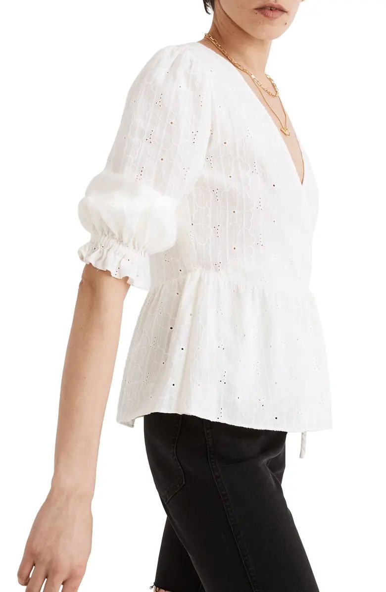 Embroidered Eyelet Puff Sleeve Peplum Wrap Top | Nordstrom