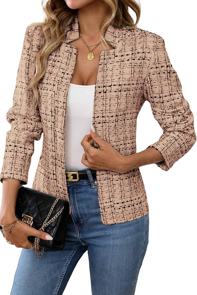 ELLEVEN Womens' Tweed Open Front Blazer Long Sleeve Jacket Notch Collar Fully Lined Casual Busine... | Amazon (US)