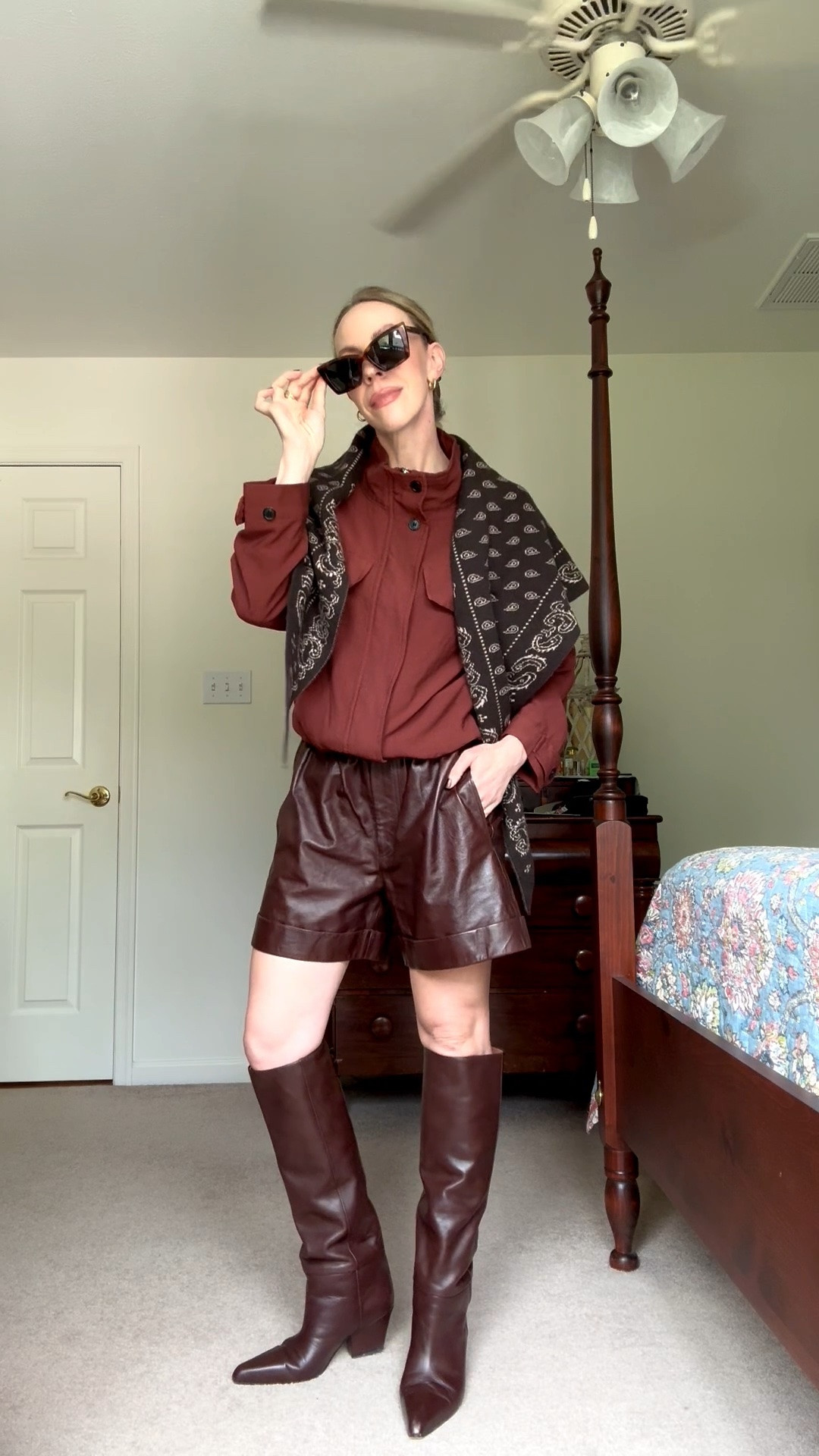 Western chic fall outfit with funnel neck jacket, brown leather shorts, brown paisley print bandana scarf

#LTKSeasonal #LTKOver40 #LTKootd