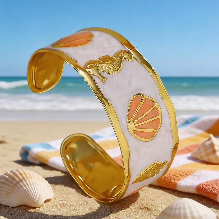 VceTd 1pc Stainless Steel Bangle With Colorful Enamel Seahorse/Shell/Conch Design, Suitable For Beach Vacation Or Travel, Can Be Worn Or Given As Valentine's Day Gift For Her | SHEIN