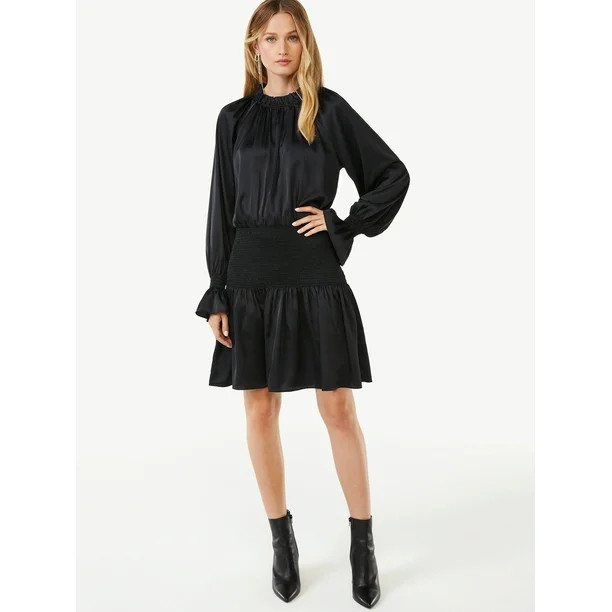 Scoop Women's Ruffle Mock Neck Mini Dress with Smocked Waist - Walmart.com | Walmart (US)