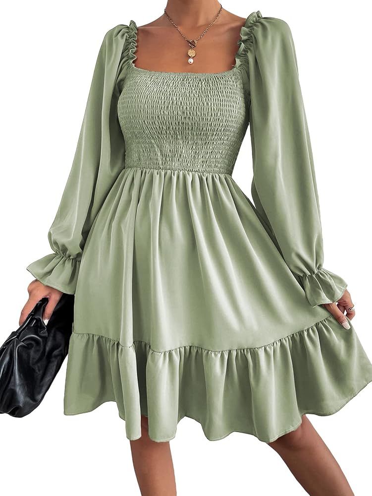 MakeMeChic Women's Long Flounce Sleeve Mini A Line Dress Shirred Ruffle Square Neck Short Dresses | Amazon (US)