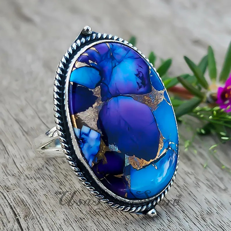 Oyster Copper Turquoise Ring: Violet Blue Dahlia, Sterling Silver Statement Jewelry | Etsy (Global)