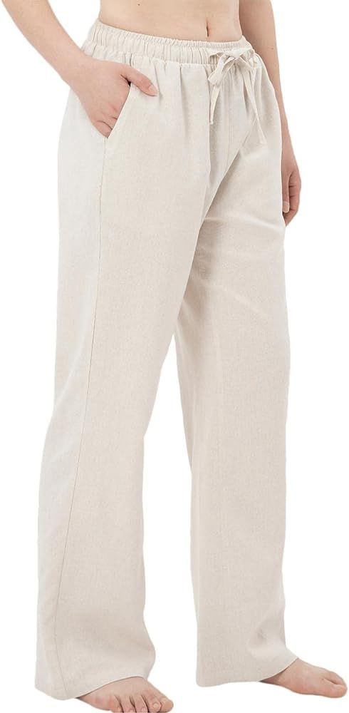 Bonnorth Women's Cotton Linen Elastic Drawstring Waist Loose Wide Leg Solid Pants with Pockets | Amazon (CA)