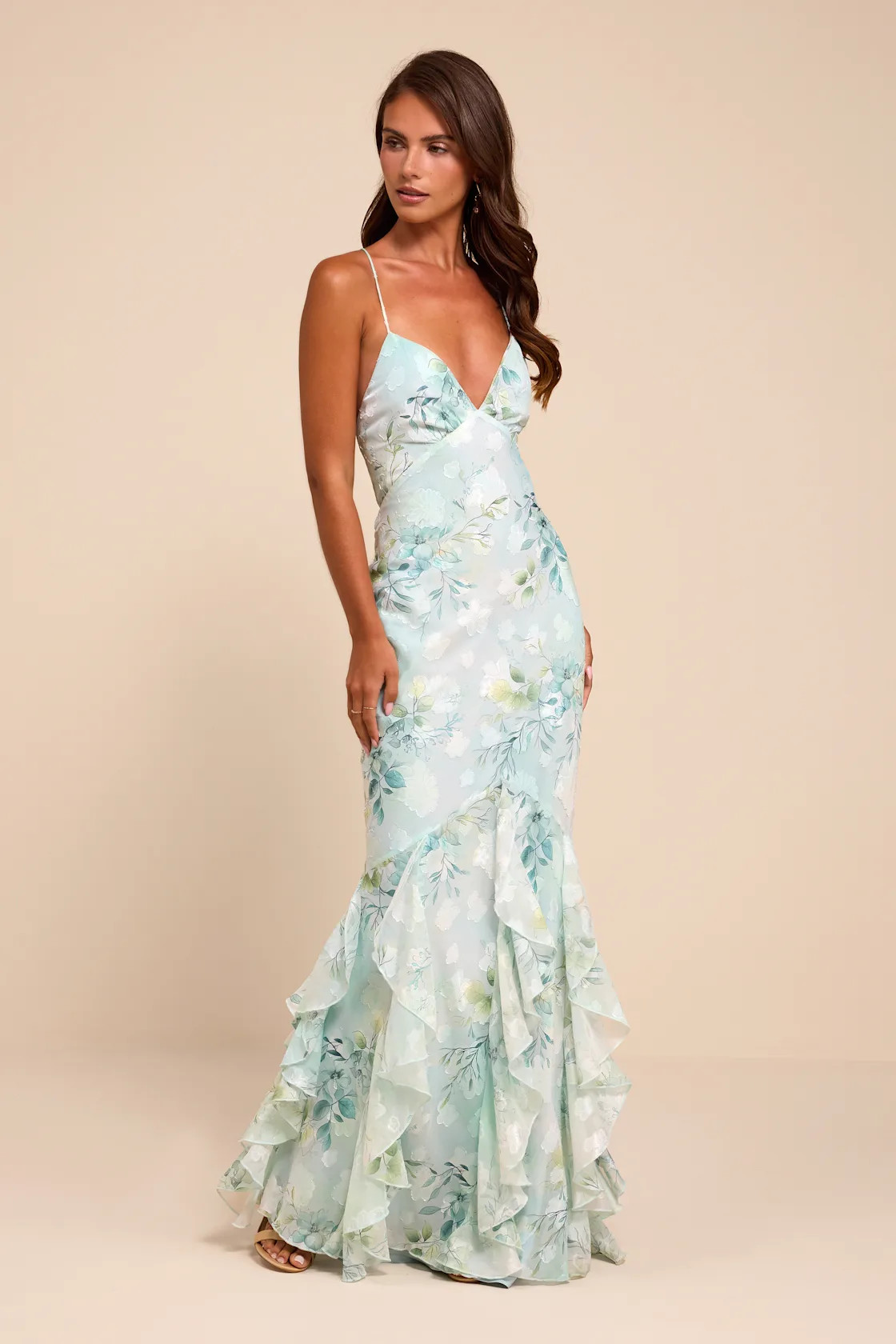 Nelia Light Blue Floral Ruffled Mermaid Maxi Dress | Lulus