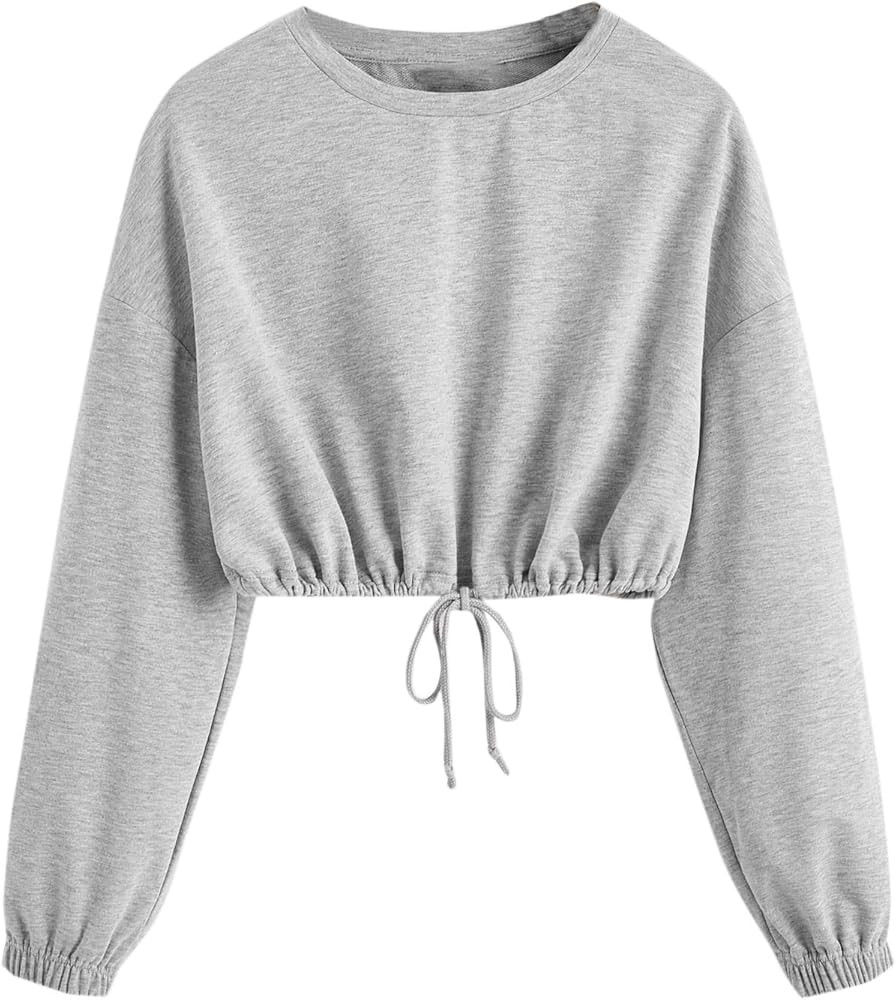 Verdusa Women's Casual Drawstring Hem Long Sleeve Pullover Crop Top Sweatshirt | Amazon (US)