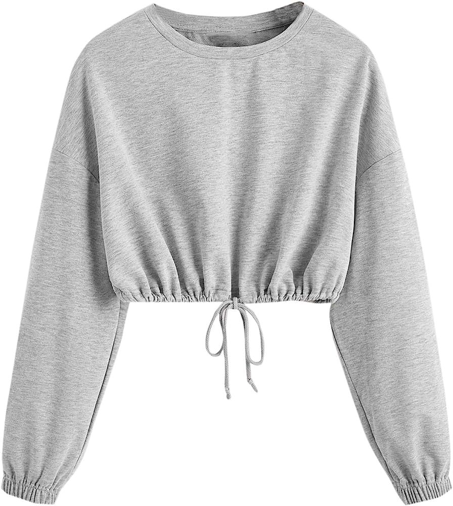 Verdusa Women's Casual Drawstring Hem Long Sleeve Pullover Crop Top Sweatshirt | Amazon (US)