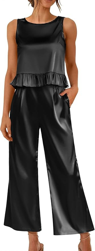 Ekouaer Womens Satin Pajamas Set 2 Piece Silk Outfits Sleeveless Tank Crop Wide Leg Pants Sleepwe... | Amazon (US)