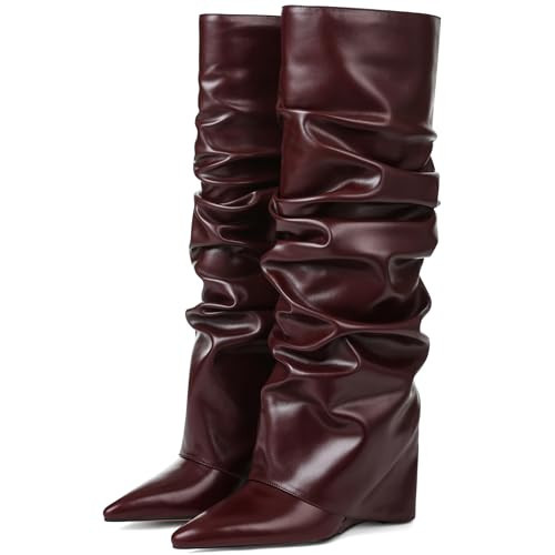 Oiamenne Burgundy Fold Over Boots Slouch Knee High Boots for Women Wedge Heel Pointed Toe Tall Boot | Amazon (US)