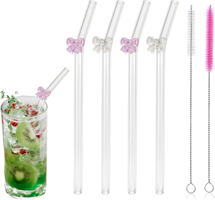 Ribbon Reusable Glass Straws with Charms, Cute Bow Shaped Charm Glass Straw with Cleaning Brush f... | Amazon (US)
