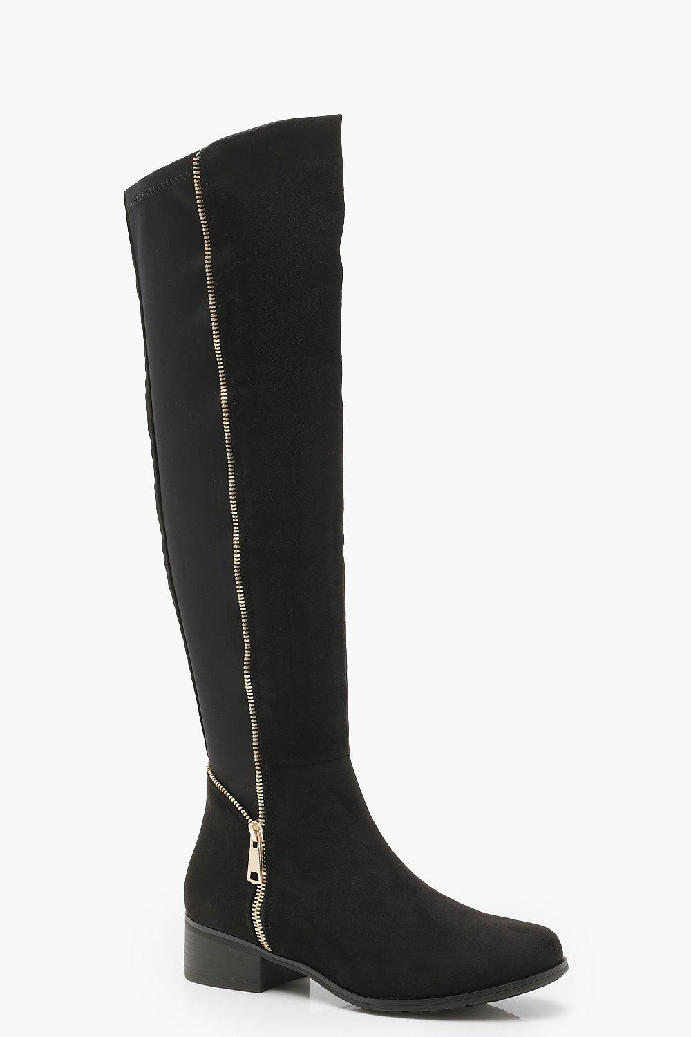 Stretch Back Zip Detail Flat Knee High Boots | Boohoo.com (US & CA)