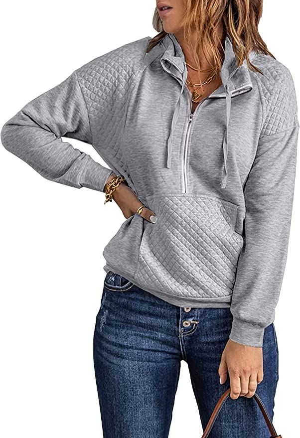 BTFBM Women Fashion Quilted Pattern Lightweight Zipper Long Sleeve Plain Casual Ladies Sweatshirt... | Amazon (US)