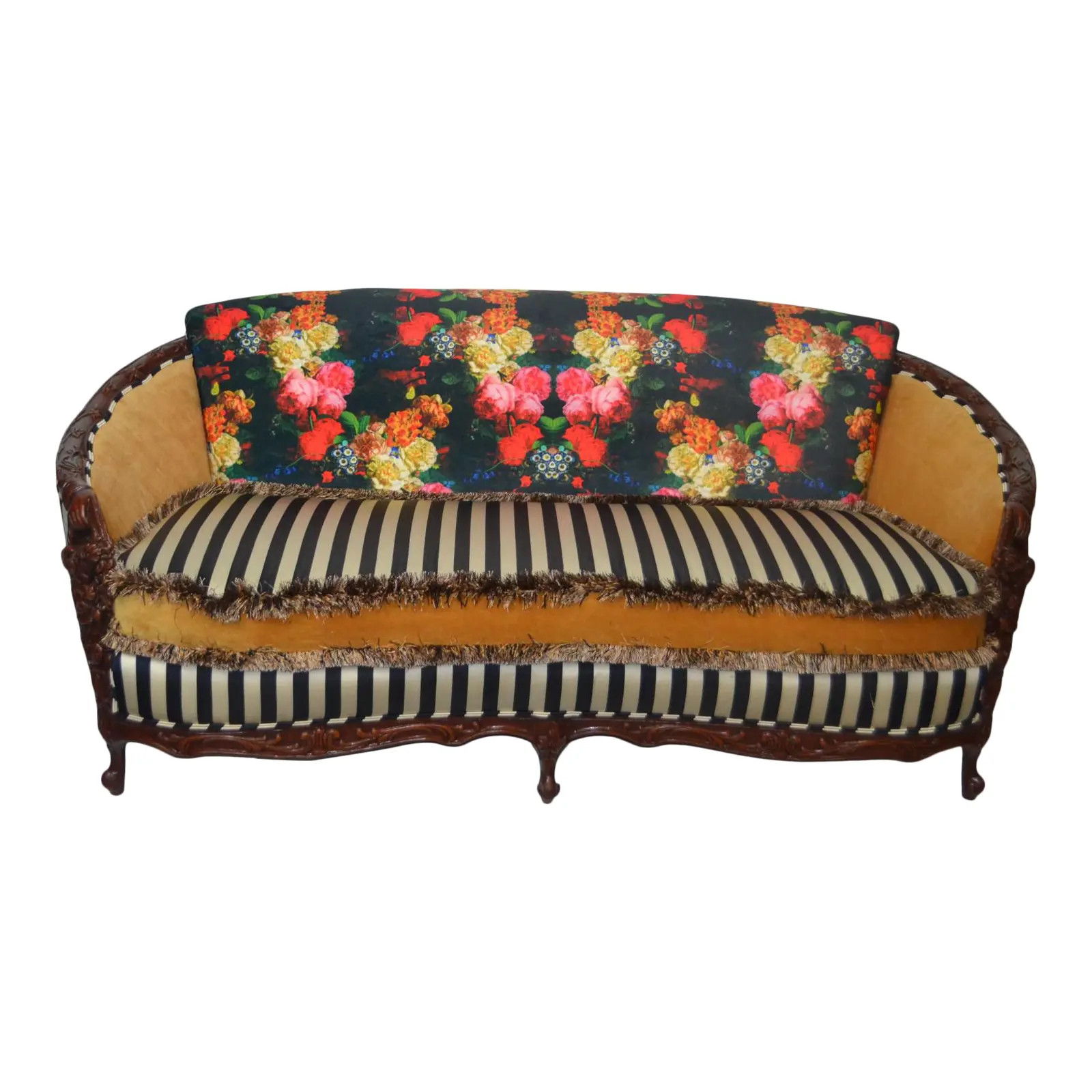 Late 19th Century Carved Hand With Fruit Basket Wood Sofa With Florals and Stripes | Chairish