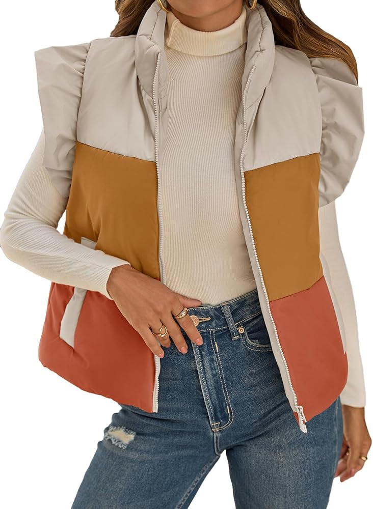 Tankaneo Womens Puffer Vest Ruffle Sleeveless Zip Up Quilted Jacket Color Block Winter Warm Padde... | Amazon (US)