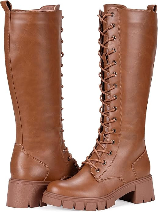 Women's 953 Knee High Combat Boots Chunky Platform Heel, Lace Up Gothic Punk Work Boots for Dress... | Amazon (US)