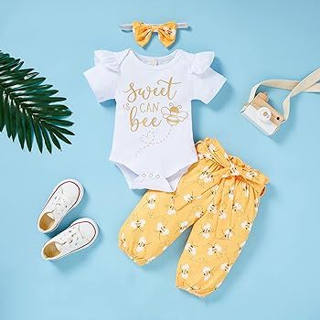 GRNSHTS Infant Baby Girl Bumble Bee Clothes Letter Print Romper Honey Bees Pants Bowknot Headband... | Amazon (US)