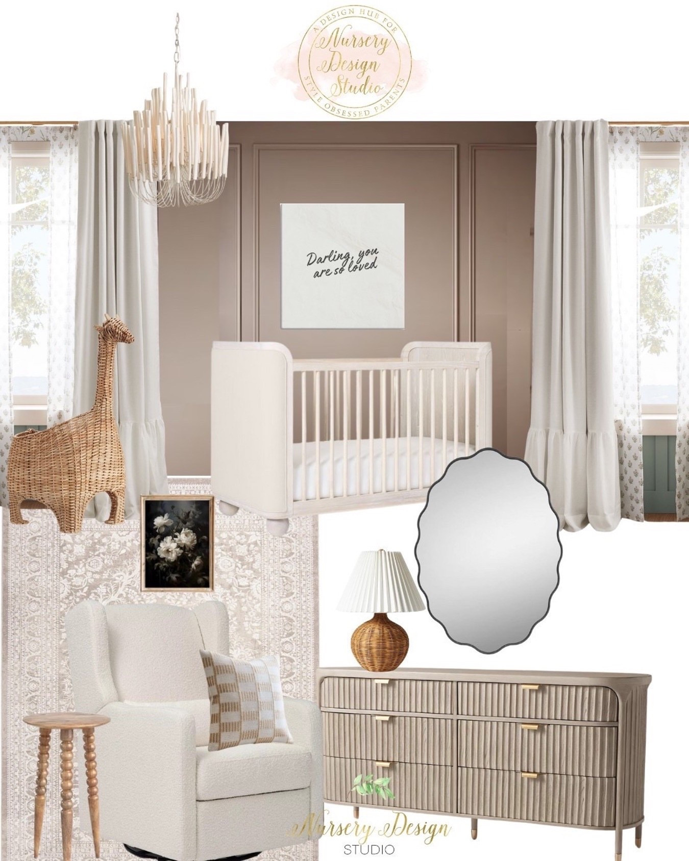 Neutral nursery with upholstered crib, wood dresser, organic chandelier, nursery glider, side table, and textured rug.

#nursery #nurseryinspo #babyroom #kidsroomdesign

#LTKHome #LTKmomlife #LTKBaby