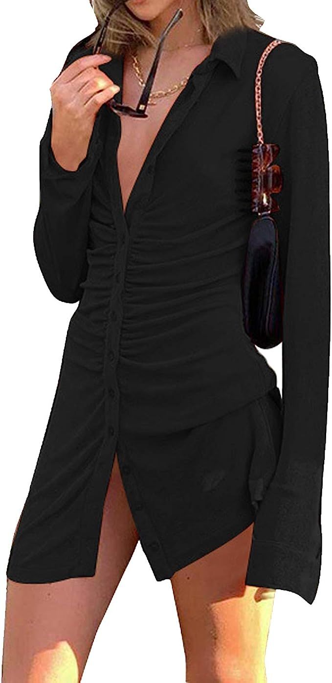 Women Casual Polo Ruched Bodycon Dresses Sexy V-Neck Button Mini Dress Y2k 90s E-Girl Retro Vinta... | Amazon (US)
