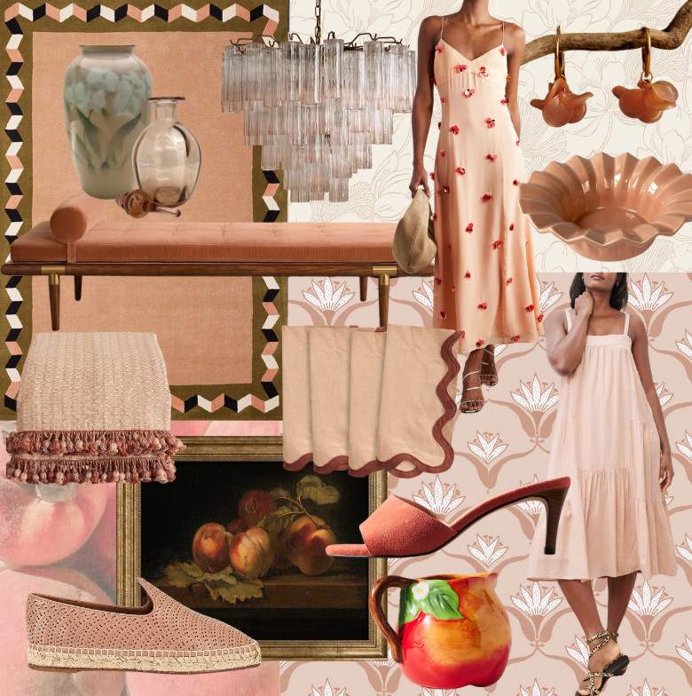 This month’s round-up captures peach in all its summer glory—earthy, feminine, and quietly playful. A geometric rug with olive trim brings structure to the softness, while a velvet daybed and oil painting ground the color in a more timeless setting. Patterned wallpapers and vintage vessels add depth and story, and sculptural accents like a glass chandelier or scalloped napkins keep things feeling fresh. In fashion, peach leans breezy and effortless—kitten heels, espadrilles, summer dresses, and earrings that glow against sun-kissed skin. Whether you’re setting a seasonal table or slipping into a soft linen dress, peach is your invitation to slow down and savor the moment. 

 #LTKHome #LTKStyleTip