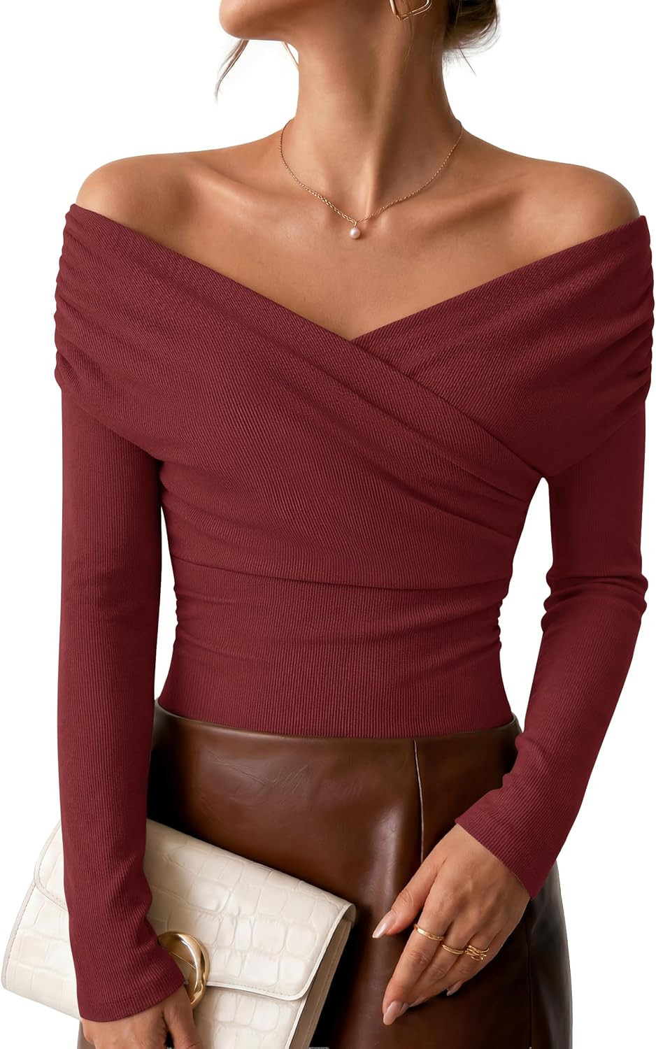 ZESICA Womens 2026 Fall Long Sleeve Wrap Off Shoulder Y2K Going Out Tops | Amazon (US)